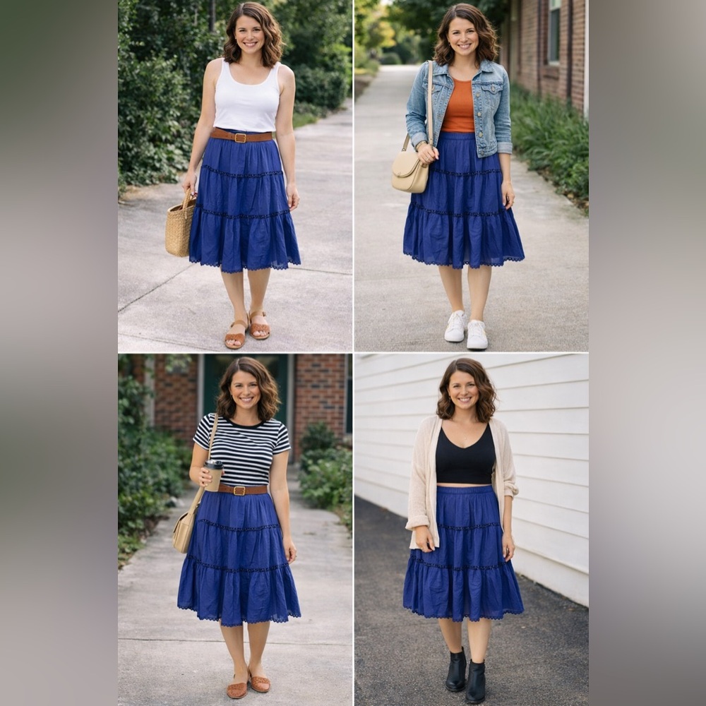 Handmade navy blue scalloped piping trim Blue Tiered circle skirt 30”